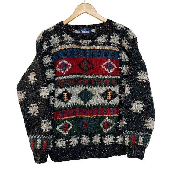 Woolrich Vintage Men's Sweater 100% Wool Speckle Knit Crewneck Black Gray Medium - Picture 1 of 8